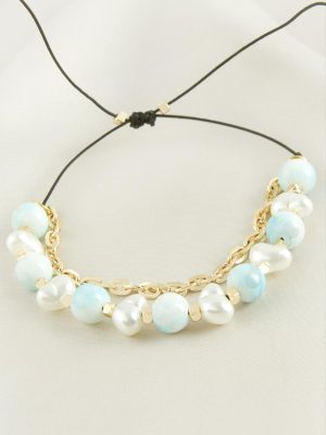 İnci Boncuk Zincirli Bileklik-Pembe