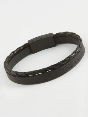 İkili Kaliteli Mıknatıslı Suni Deri Bileklik-Siyah