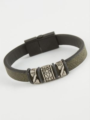 Çini Desenli Kaliteli Mıknatıslı Suni Deri Bileklik-Yeşil