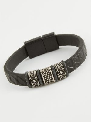 Yıldız Kaliteli Mıknatıslı Suni Deri Bileklik-Siyah