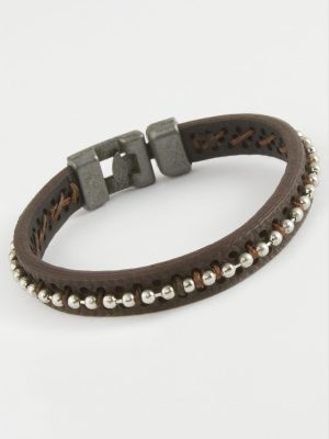 Top Metal Boncuklu Kaliteli Suni Deri Bileklikc-Kahverengi