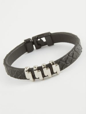 Zikzak Kaliteli Suni Deri Bileklik-Siyah