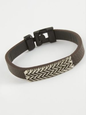 Zikzak Kaliteli Suni Deri Bileklik-Kahverengi