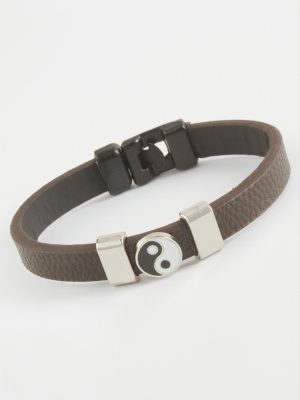 Ying Yang Kaliteli Suni Deri Bileklik-Kahverengi