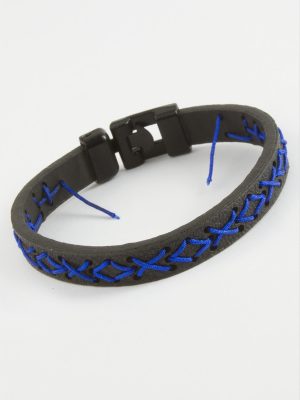 İpli İşlemeli Kaliteli Suni Deri Bileklik-Siyah