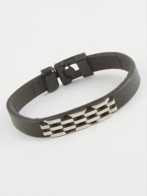 Zincir Desenli Kaliteli Suni Deri Bileklik-Siyah