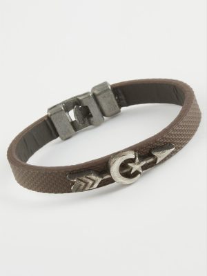 Ay Yıldız Ok Kaliteli Suni Deri Bileklik-Kahverengi