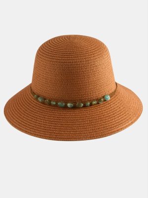 Akik Doğaltaşlı Hasır Şapka-Bej