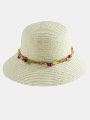 Renkli Doğaltaşlı Hasır Şapka-Krem