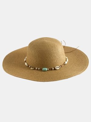 Etnik Boncuklu Hasır Şapka-Beyaz