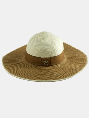 Şeritli Hasır Şapka-Krem