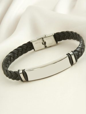 Örgülü İsim Yazılabilir Deri Çelik Bileklik-Siyah