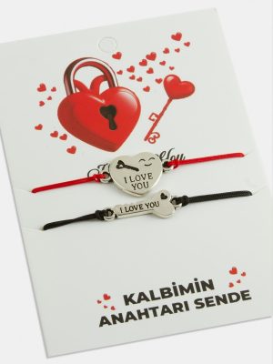 2 Adet Kalp Anahtar İp Bileklik-Gümüş Rengi