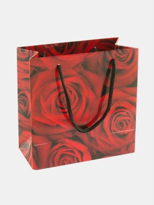 11X11 Gül Desenli İpli Karton Çanta 1 Adet-Kırmızı
