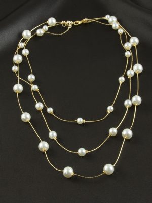 Yuvarlak İnci Üçlü Kolye-Sarı