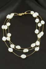 Oval İnci Üçlü Kolye-Sarı