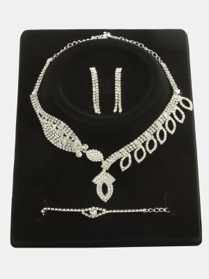 Oval Taşlı Lüks Set Kolye-Gümüş Rengi