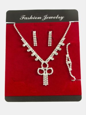 Göz Taşlı Lüks Suyolu Set Kolye-Gümüş Rengi