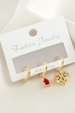 3 Adet Kalp Zirkon Taşlı Küpe-Sarı - Görsel 2