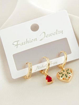 3 Adet Kalp Zirkon Taşlı Küpe-Sarı