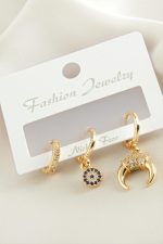 3 Adet Hilal Zirkon Taşlı Küpe-Sarı