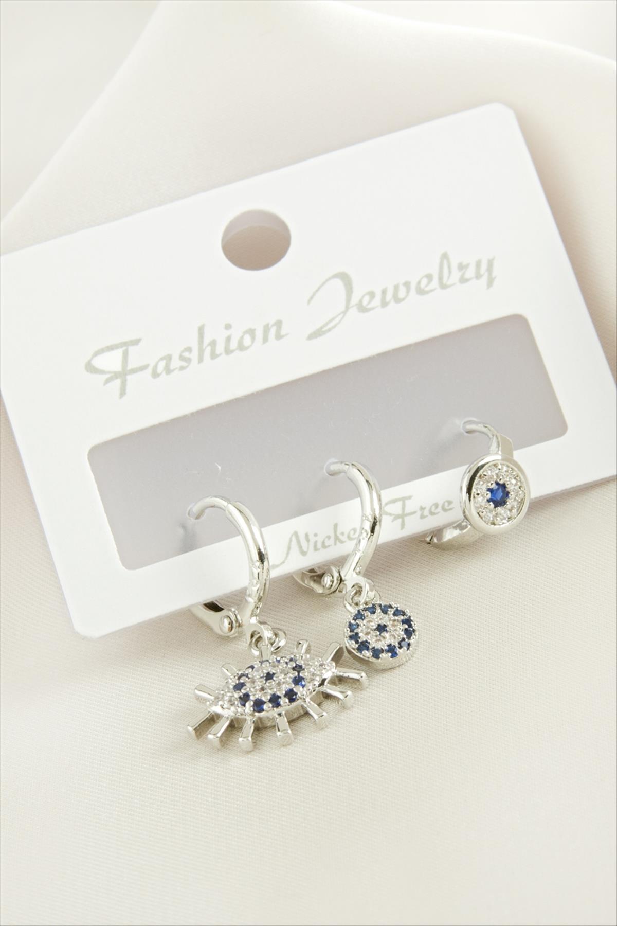 1207398_3-adet-goz-nazar-zirkon-tasli-kupe-4196-.jpg 3 Adet Göz Nazar Zirkon Taşlı Küpe-Gümüş Rengi - Görsel 1