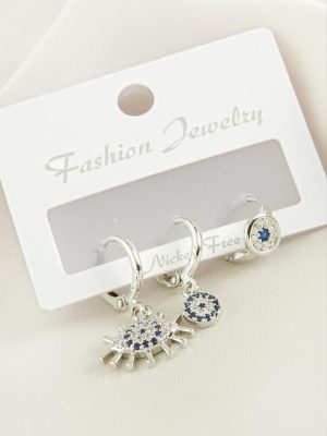 3 Adet Göz Nazar Zirkon Taşlı Küpe-Sarı