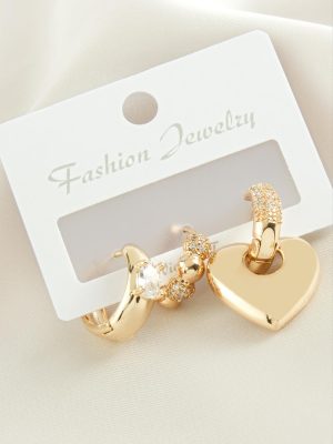 3 Adet Kalp  Zirkon Taşlı Küpe-Gümüş Rengi