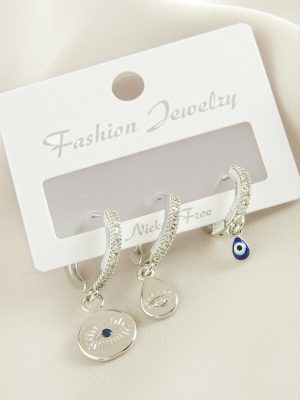 3 Adet Göz Zirkon Taşlı Küpe-Gümüş Rengi