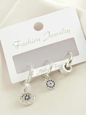 3 Adet Nazar Zirkon Taşlı Küpe-Sarı