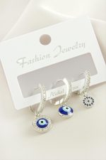 3 Adet Nazar Zirkon Taşlı Küpe-Gümüş Rengi - Görsel 2