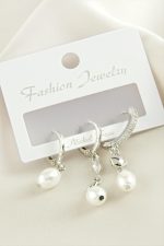 3 Adet Oval İnci Zirkon Taşlı Küpe-Gümüş Rengi - Görsel 2