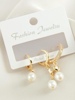 3 Adet Oval İnci Zirkon Taşlı Küpe-Sarı