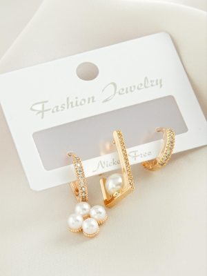 3 Adet Çiçek İnci Zirkon Taşlı Küpe-Sarı