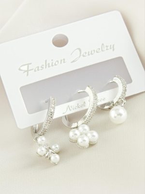 3 Adet Çiçek İnci Zirkon Taşlı Küpe-Sarı