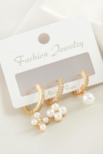 3 Adet Çiçek İnci Zirkon Taşlı Küpe-Sarı - Görsel 2