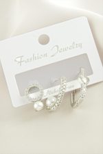 3 Adet Kalp İnci Zirkon Taşlı Küpe-Gümüş Rengi - Görsel 2