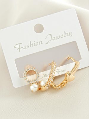 3 Adet Kalp İnci Zirkon Taşlı Küpe-Sarı