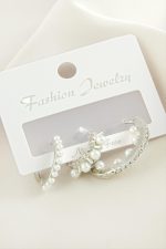 3 Adet Çivi İnci Zirkon Taşlı Küpe-Gümüş Rengi