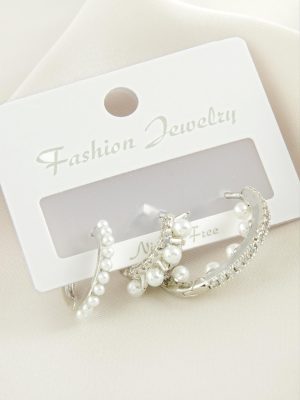 3 Adet Çivi İnci Zirkon Taşlı Küpe-Gümüş Rengi