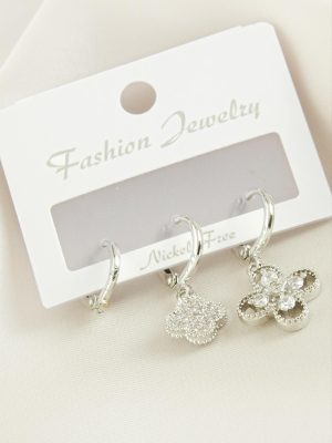 3 Adet Çiçek Zirkon Taşlı Küpe-Gümüş Rengi