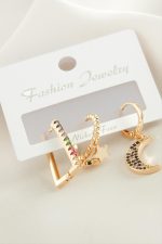 3 Adet Hilal Zirkon Taşlı Küpe-Sarı - Görsel 2