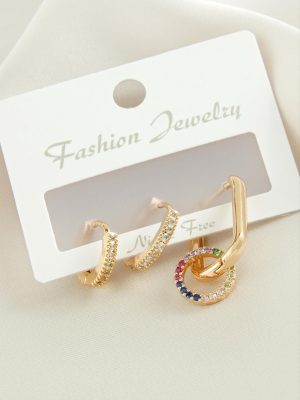 3 Adet Halka Zirkon Taşlı Küpe-Sarı