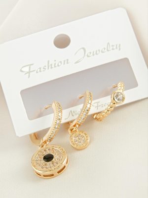 3 Adet Yuvarlak Zirkon Taşlı Küpe-Sarı