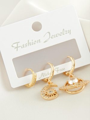 3 Adet Hilal Yıldız Zirkon Taşlı Küpe-Sarı