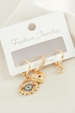 3 Adet Kalp Nazar Zirkon Taşlı Küpe-Sarı - Görsel 2