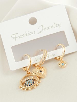 3 Adet Kalp Nazar Zirkon Taşlı Küpe-Gümüş Rengi