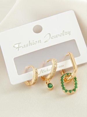 3 Adet Oval Zirkon Taşlı Küpe-Sarı