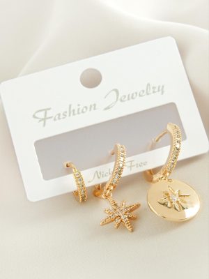 3 Adet Yıldız Zirkon Taşlı Küpe-Sarı