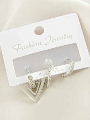 3 Adet Ok Zirkon Taşlı Küpe-Gümüş Rengi